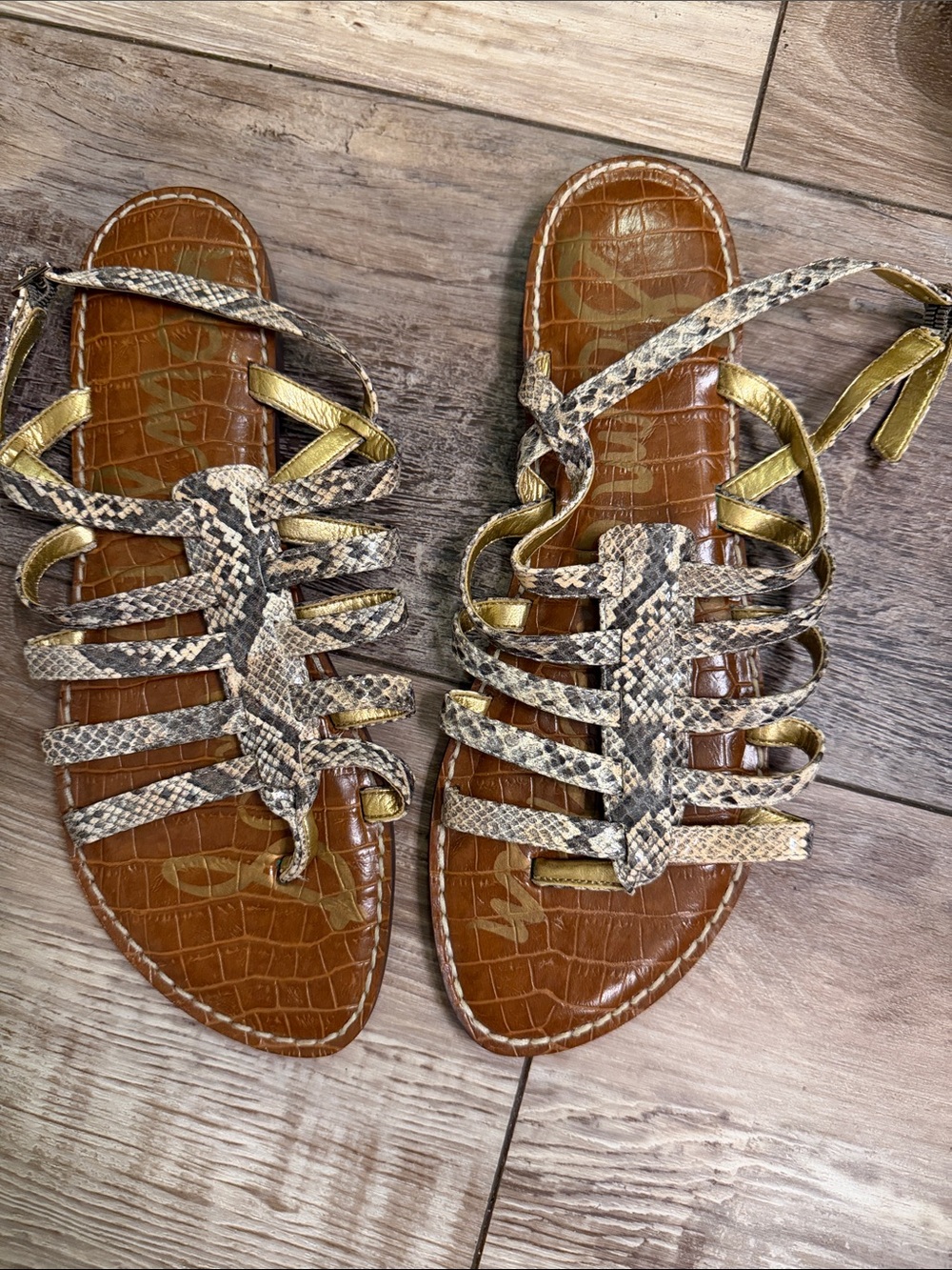 Sam Edelman Brown Croc Insole Sandals with Snake-Print Straps and Gold Accents